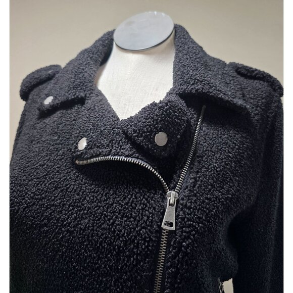 Black Sherpa Moto Jacket With Asymmetrical Zipper & Snap Buttons Long Sleeves - Picture 5 of 7